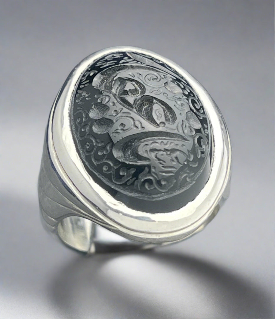 Engraved Black Yemeni Agate Ring