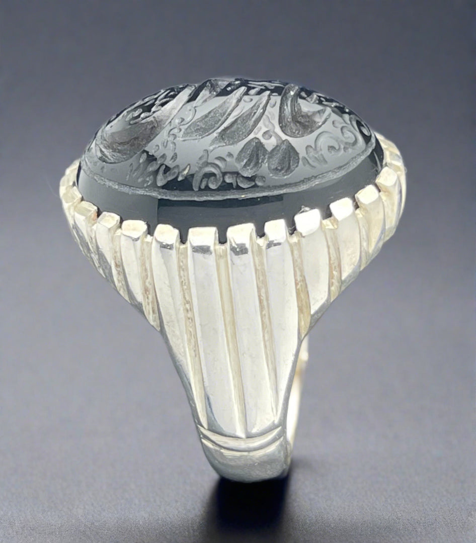 Engraved Black Yemeni Agate Ring