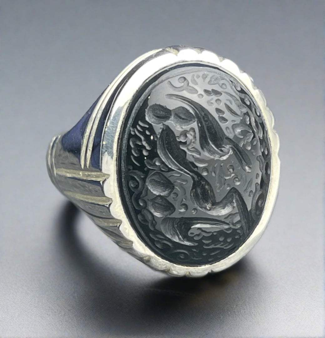 Engraved Black Yemeni Agate Ring