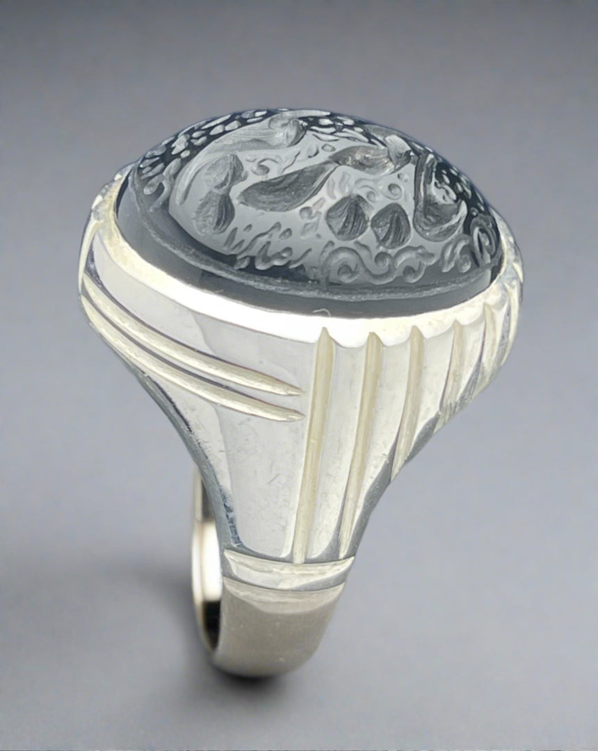 Engraved Black Yemeni Agate Ring