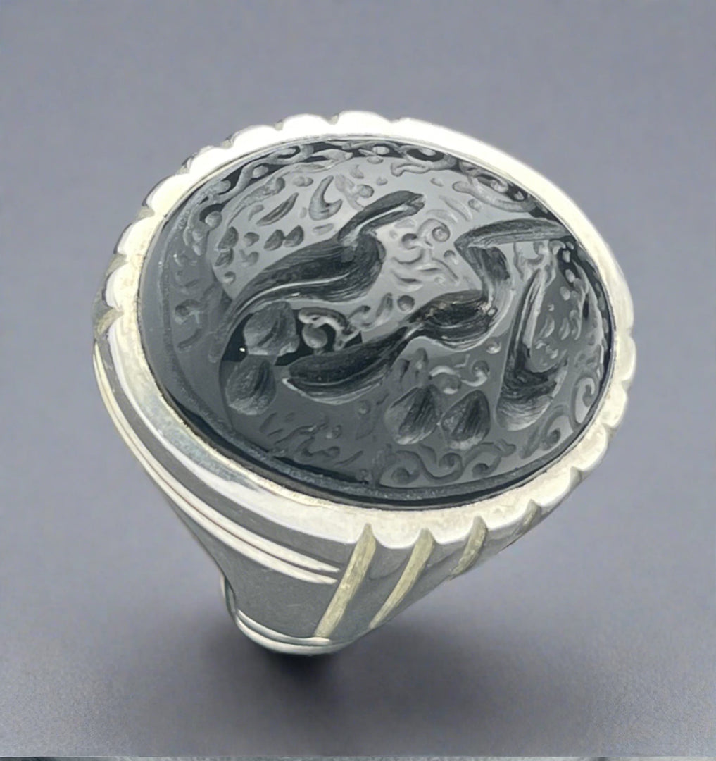 Engraved Black Yemeni Agate Ring