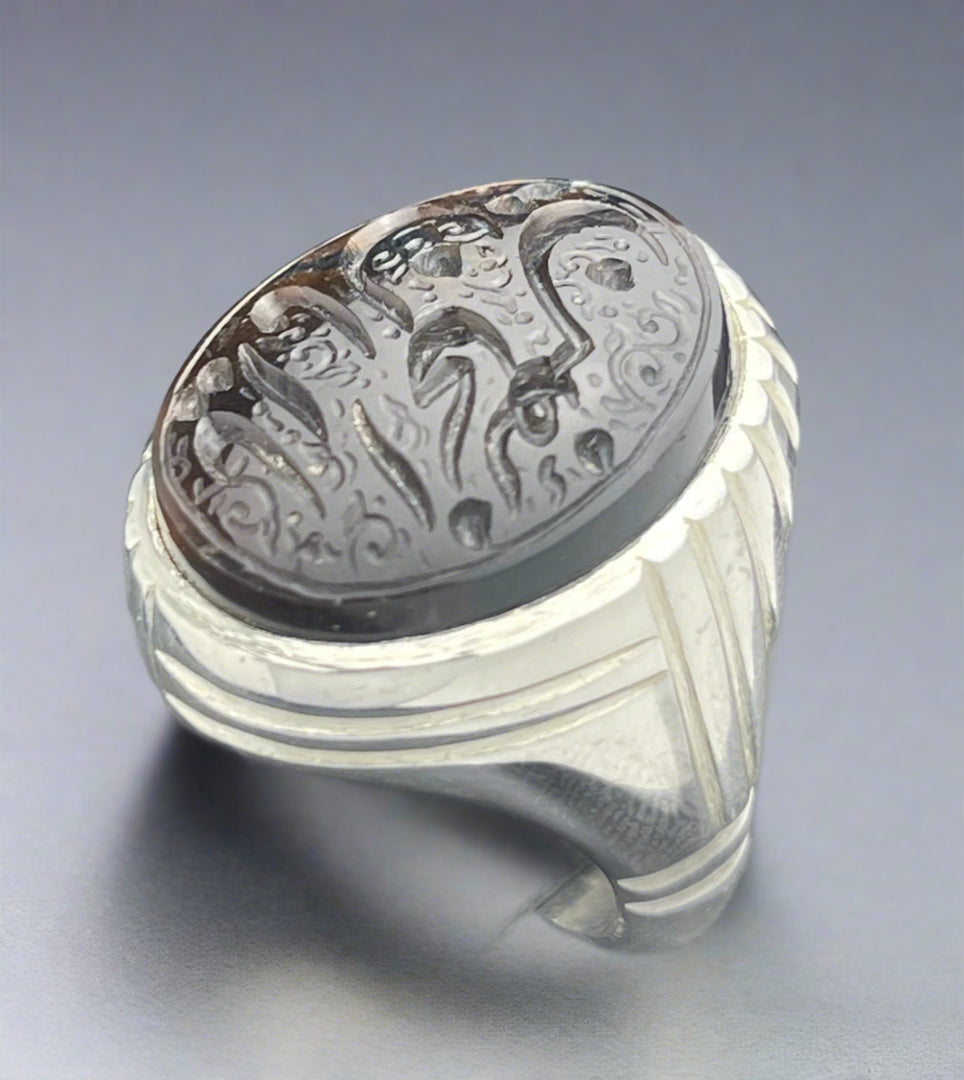 Engraved Black Yemeni Agate Ring