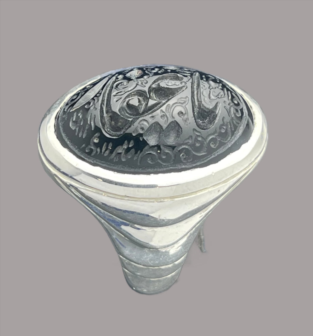 Engraved Black Yemeni Agate Ring