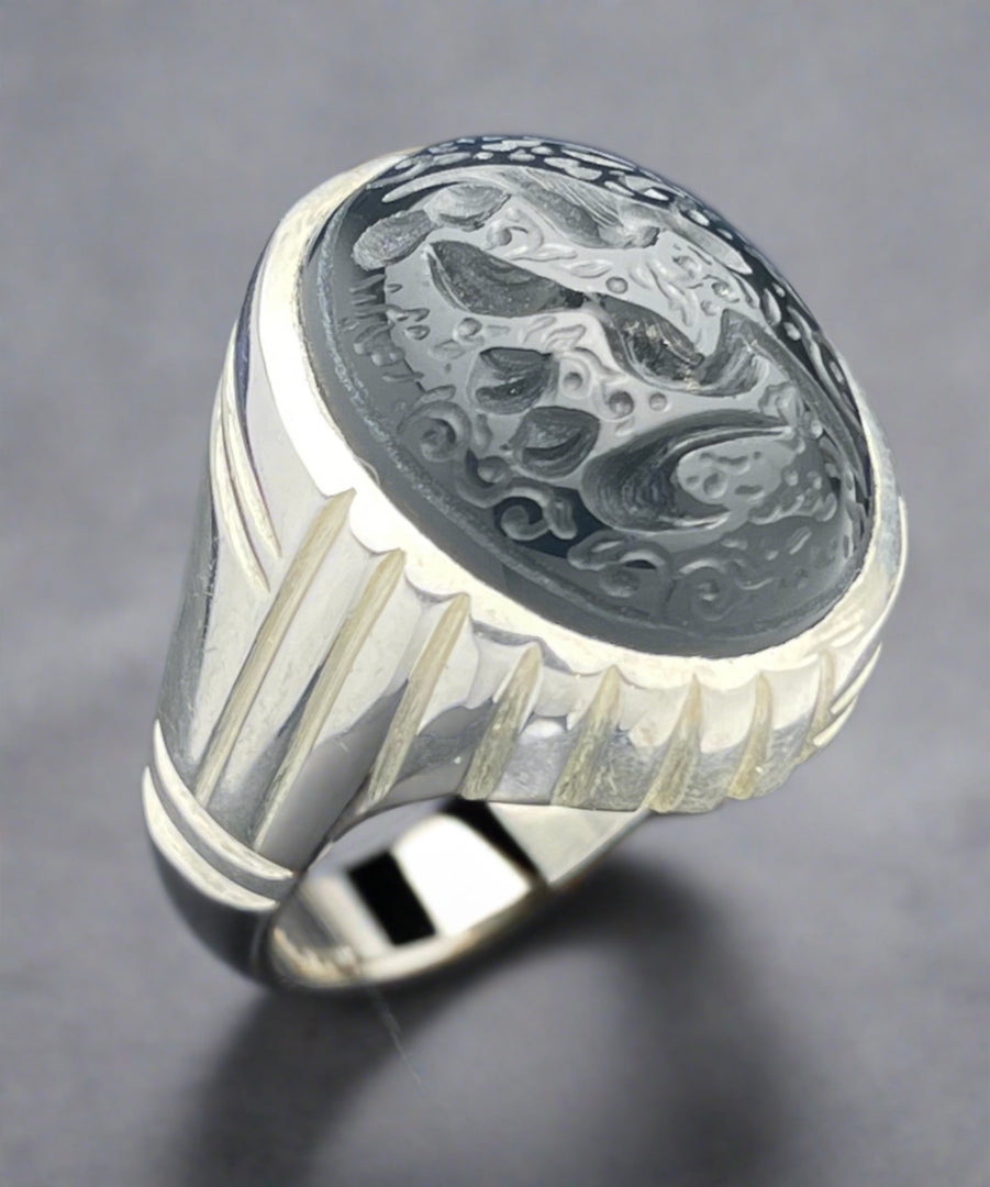 Engraved Black Yemeni Agate Ring