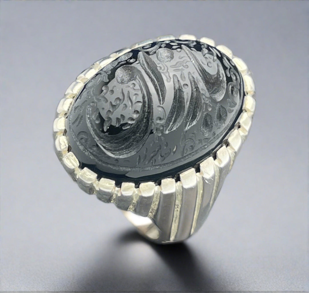 Engraved Black Yemeni Agate Ring