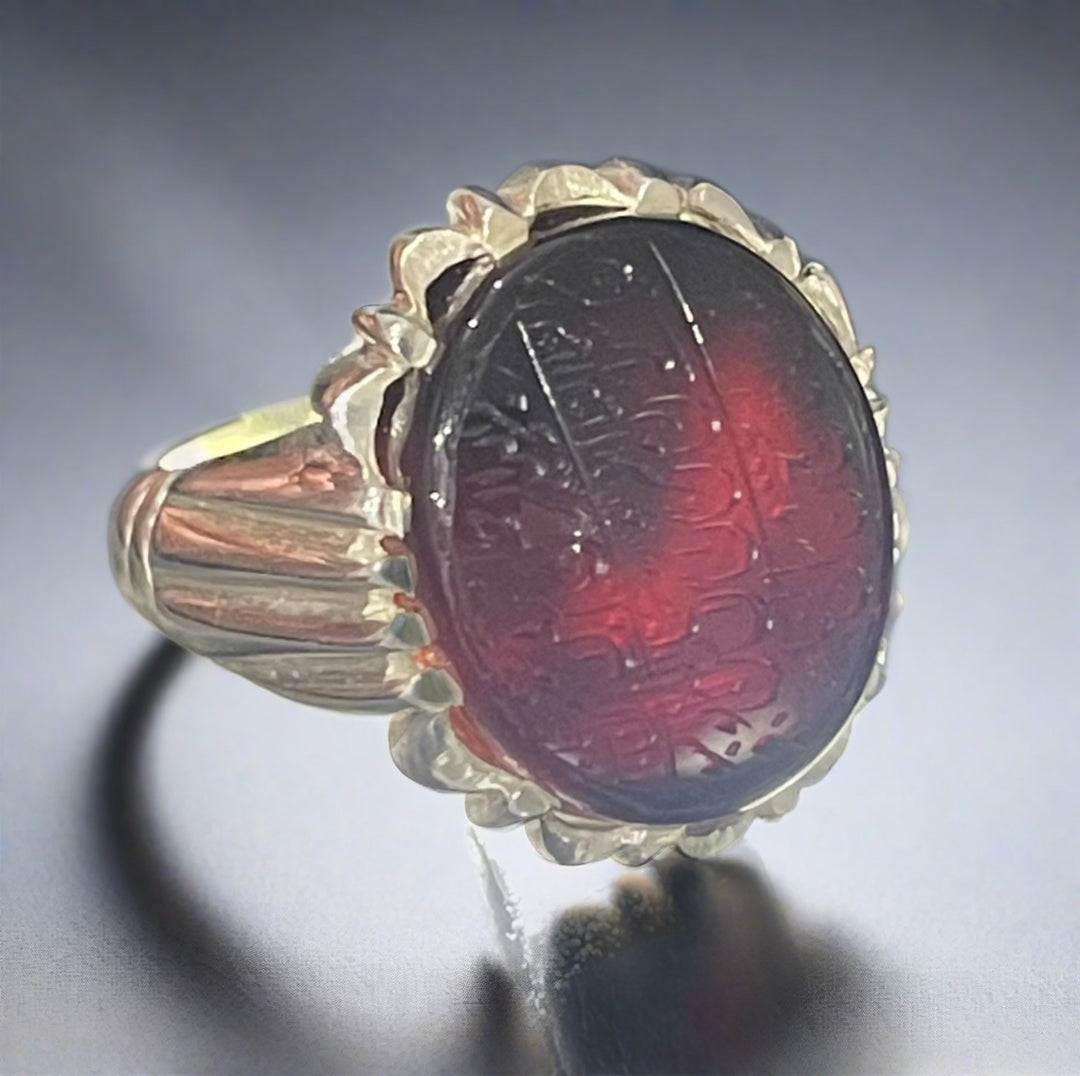 Engraved Black Yemeni Agate Ring