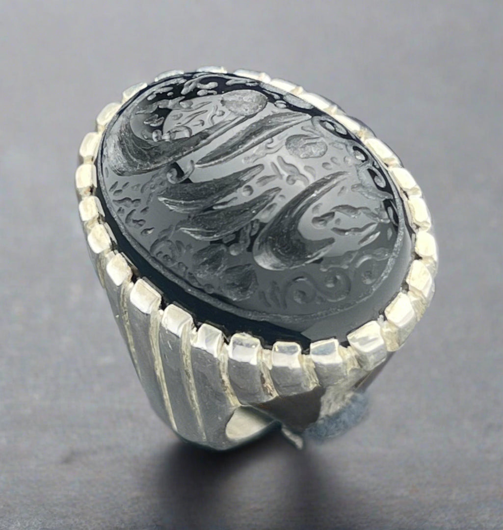 Engraved Black Yemeni Agate Ring