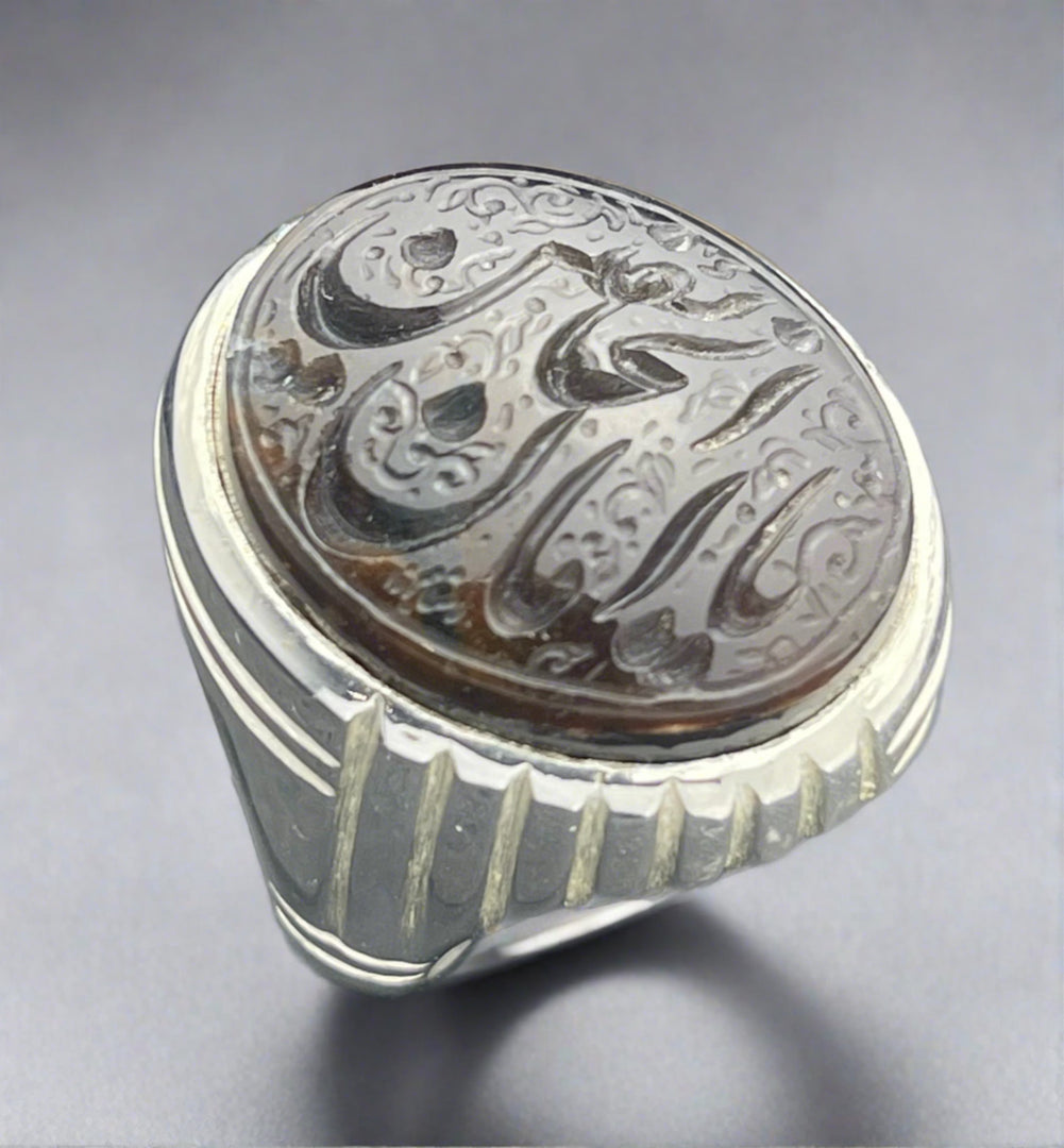Engraved Black Yemeni Agate Ring