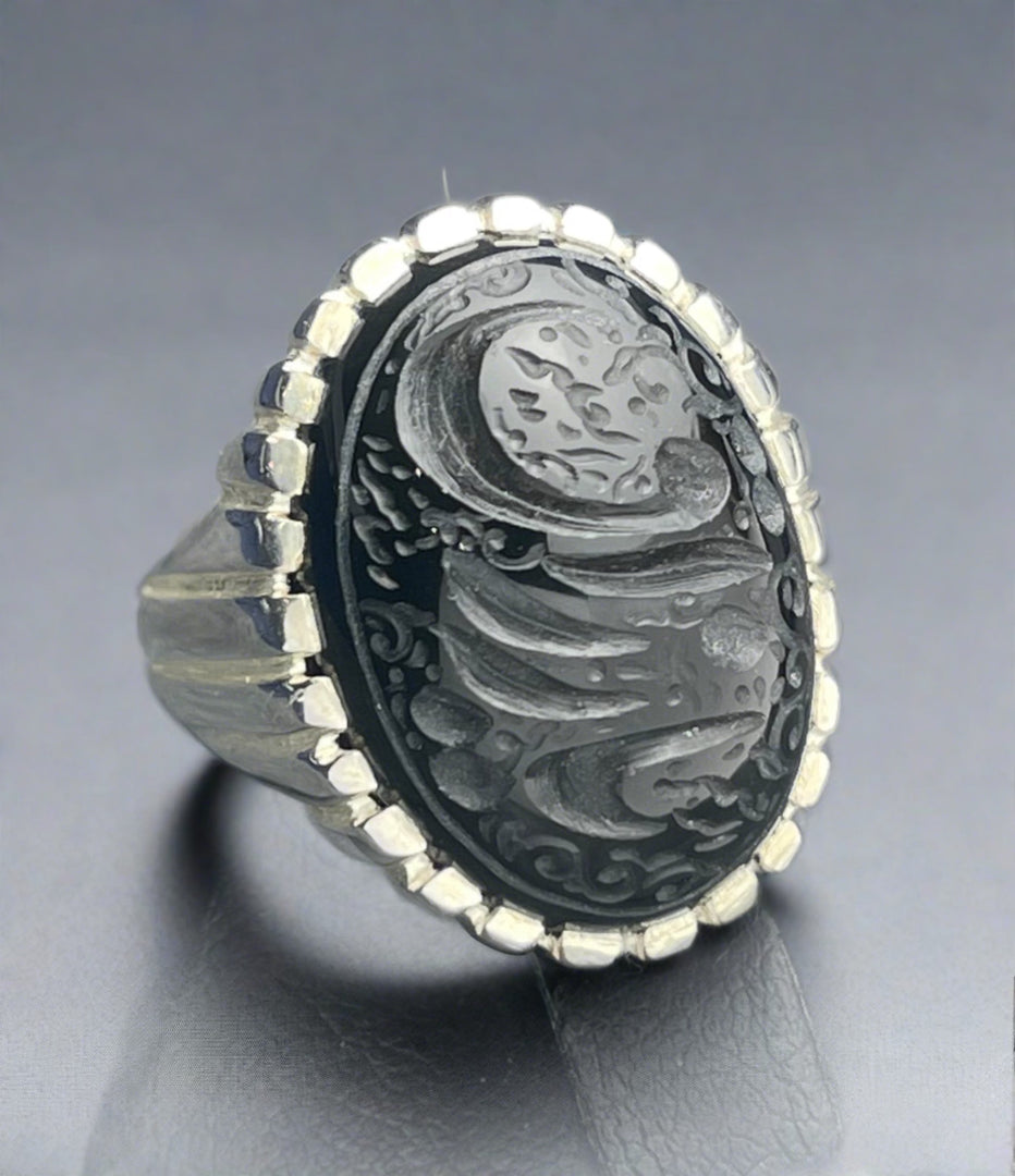 Engraved Black Yemeni Agate Ring